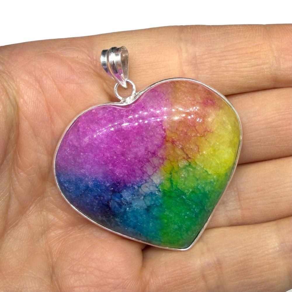 Rainbow Solar Quartz Heart Necklace Pendant 925 Sterling Silver Overlay - Picture 2 of 3
